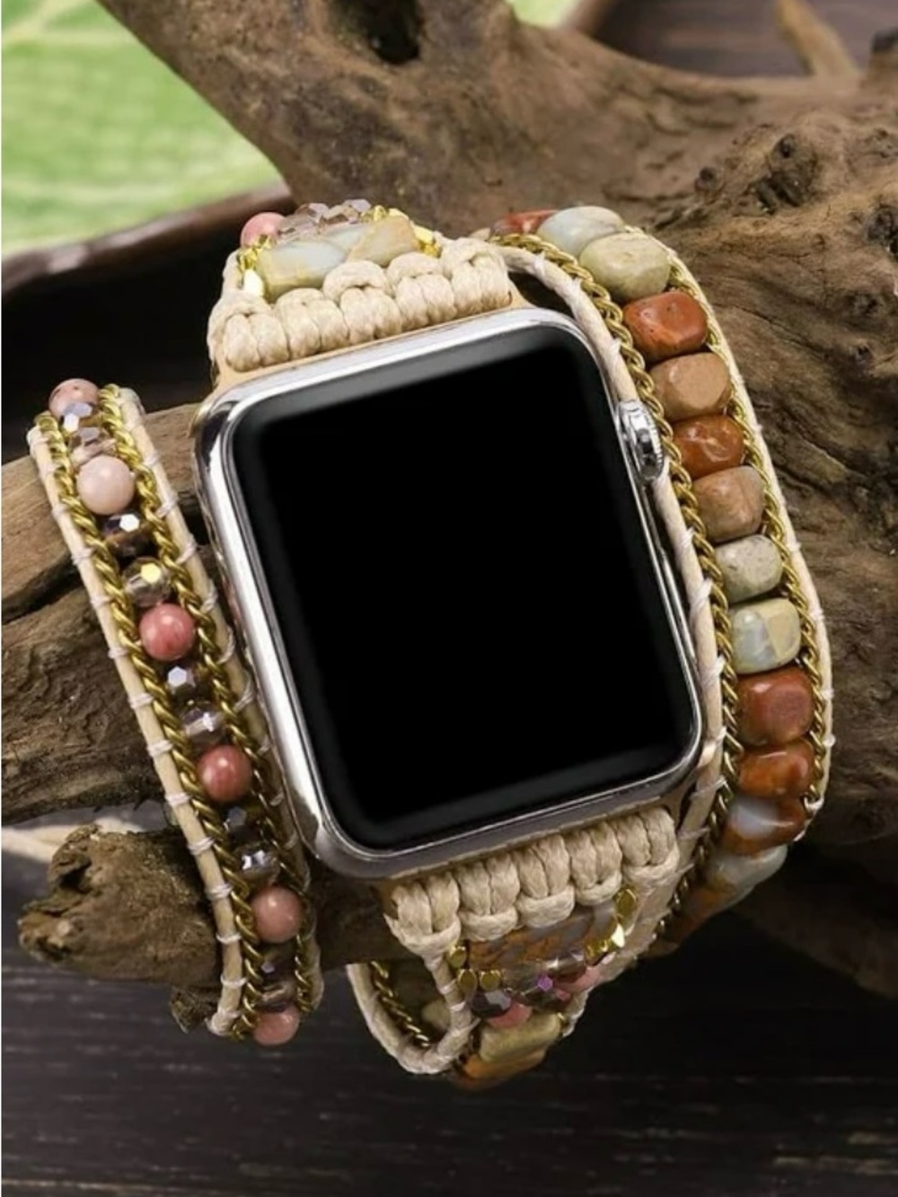 Apple Watch Strap Beige Crystal Beaded Boho Macrame Wrap Adjustable Bracelet